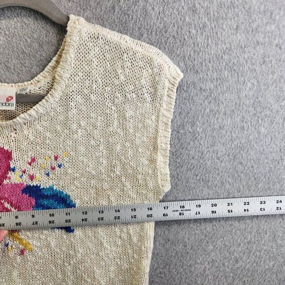 Vintage Sweater Womens L Cream Floral Crochet Open Knit 80s Skating Rink Prop - Picture 11 of 14